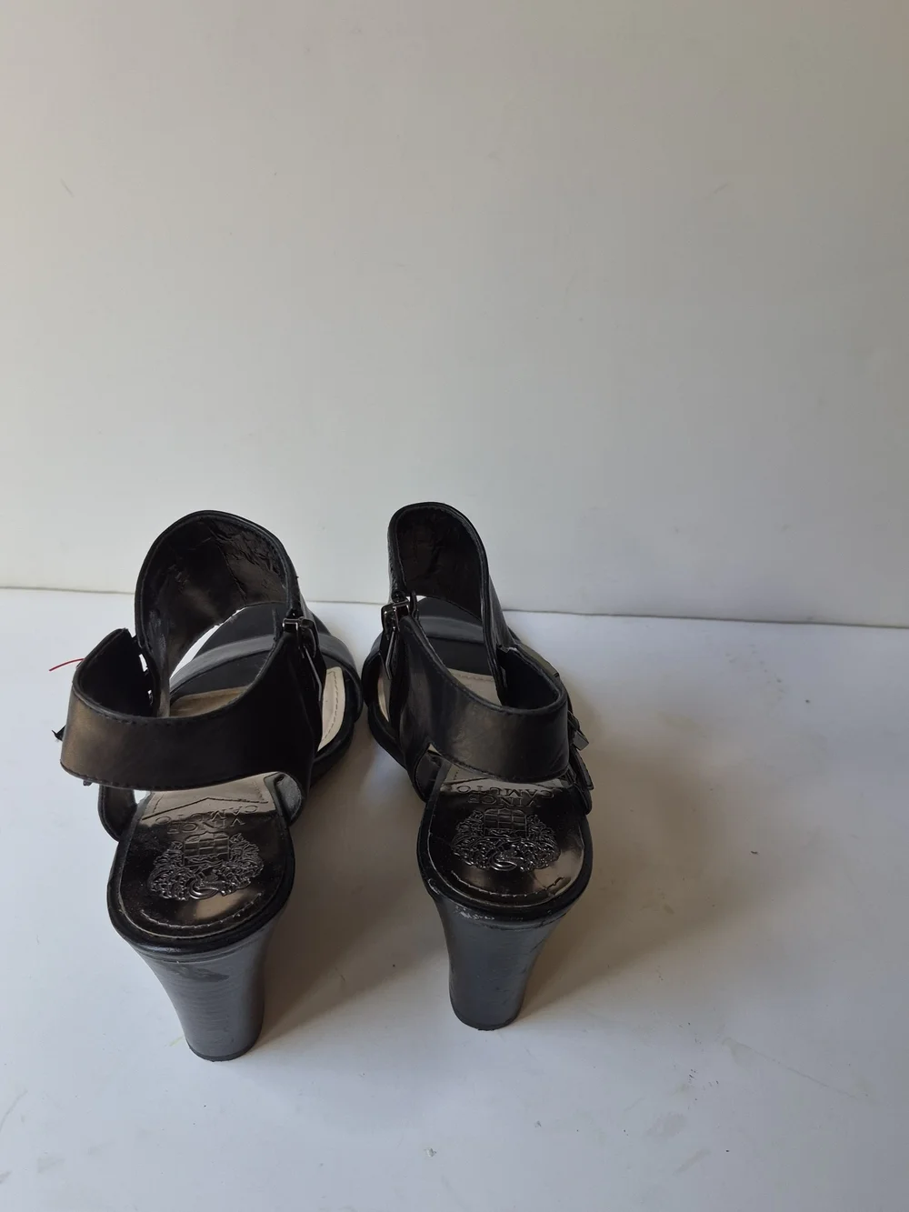 Vince Camuto Black Leather Triple-Buckle Wedge Sandals